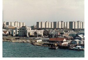 View from the Cross Bay Bridge, 1988. There's the old Pier 92 (now Bungalow Bar) and Bridge Cafe (now Thai Rock). 